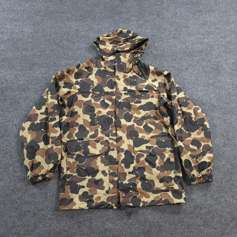 Vintage Columbia Jacket Mens Small Brown Duck Camo PVC Rain Waterproof Hunting